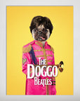 Personalized "Doggo Beatles" poster featuring a pug in a pink military jacket with a trumpet on a yellow background.