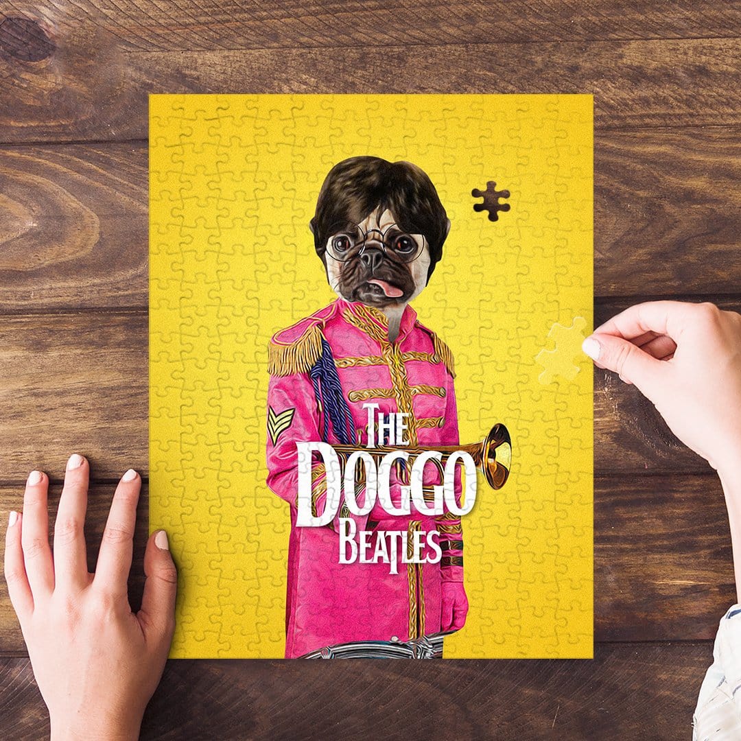 Personalized pet puzzle featuring a pug in a pink "Doggo Beatles" uniform on a yellow background.