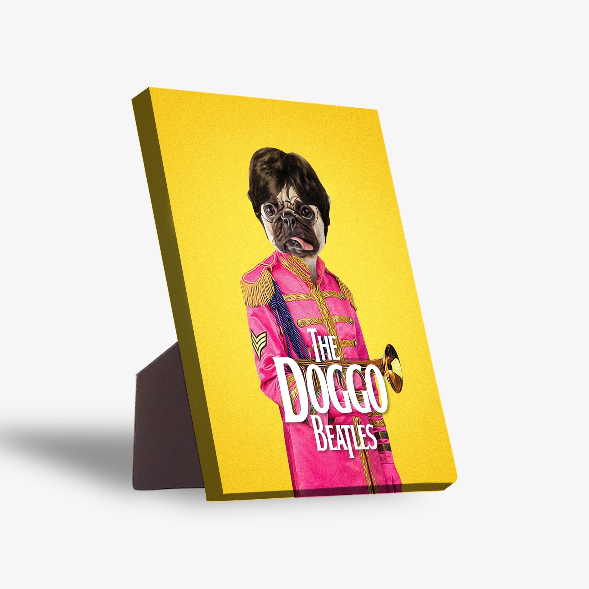 Personalized pet standing canvas featuring a pug in a pink "Doggo Beatles" uniform on a yellow background.