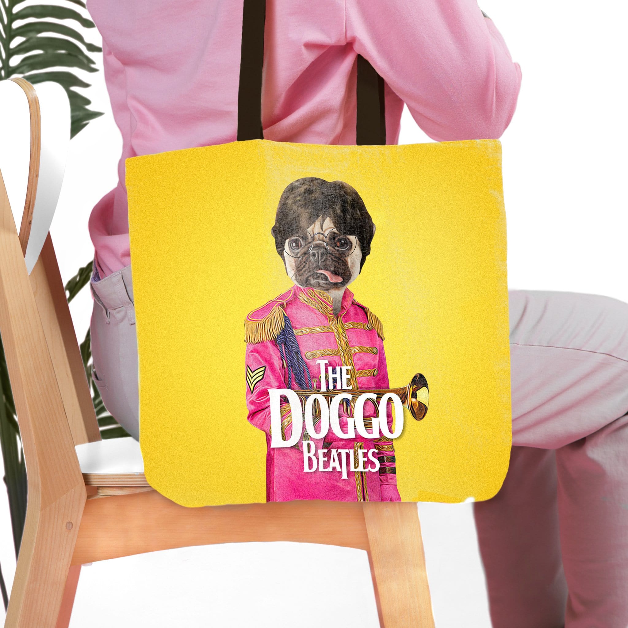 Personalized yellow tote bag with a custom pug pet portrait in a pink "Doggo Beatles" uniform.