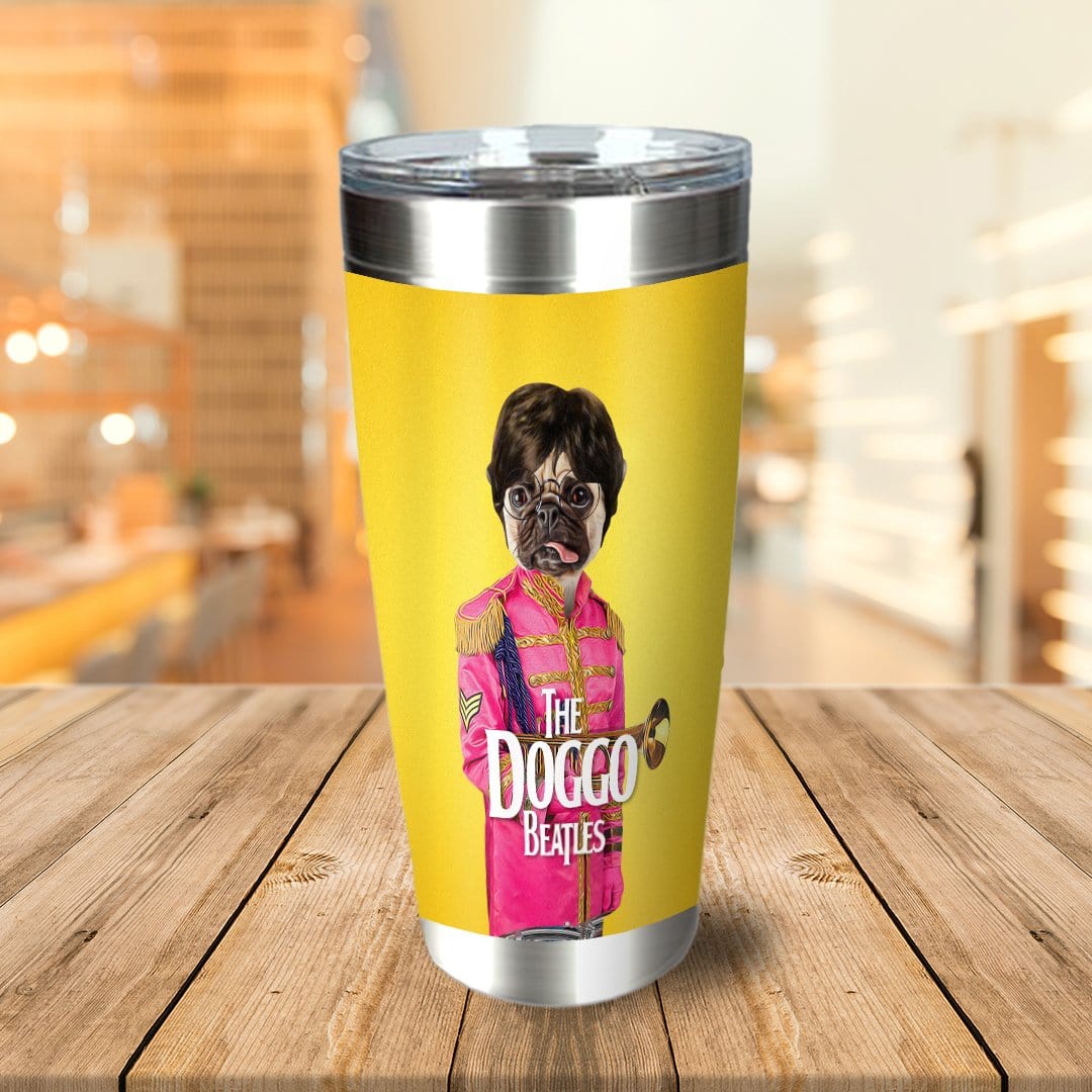 Personalized stainless steel tumbler with a custom dog portrait in a "Doggo Beatles" style on a yellow background.