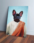 Personalized canvas art featuring a black French Bulldog in a white robe with an orange sash, against a blue background.