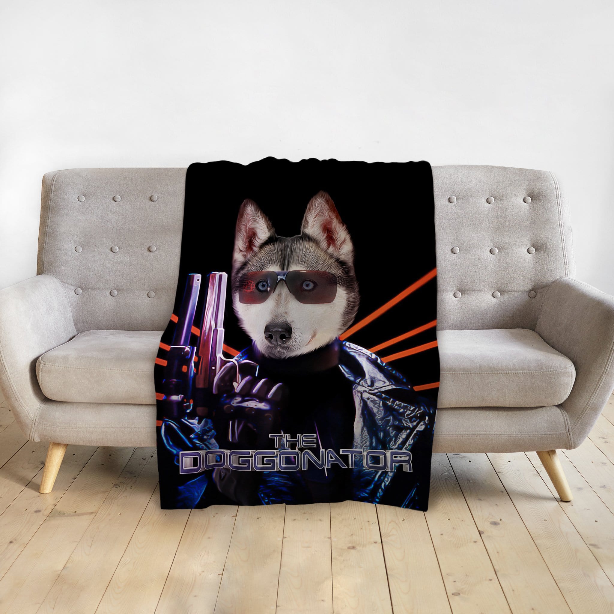 Personalized black minky blanket with a husky pet portrait in a "Doggonator" movie poster style.