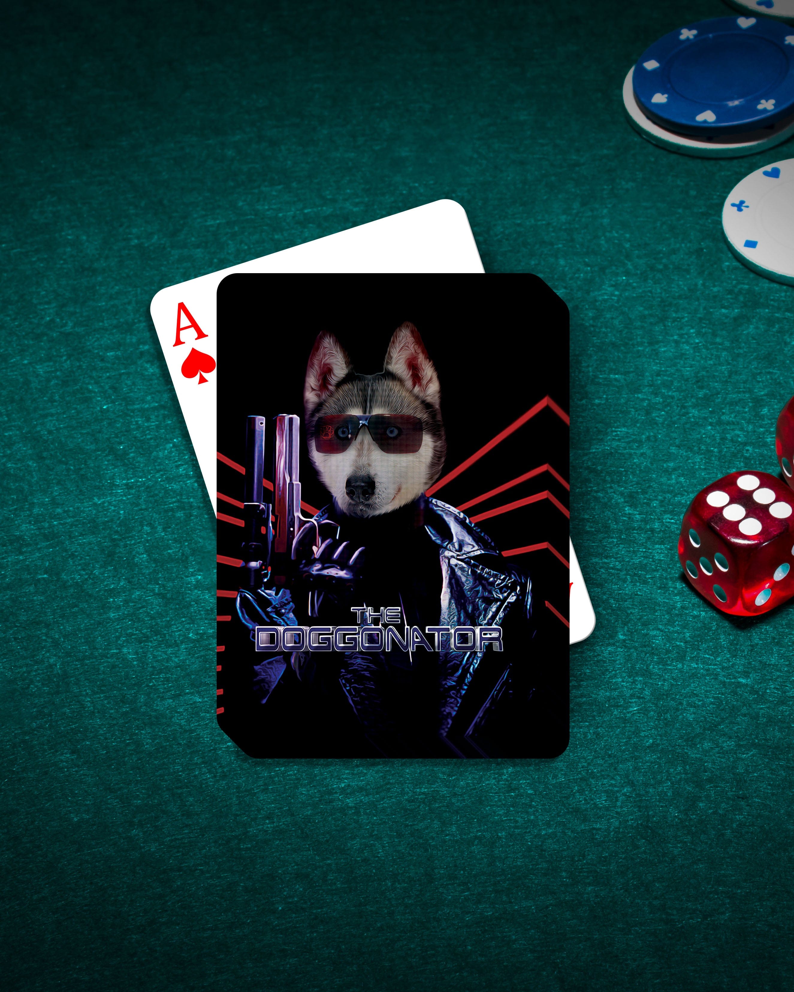 Personalized playing card featuring a husky dog in a "Doggonator" secret agent style.