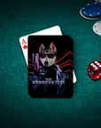Personalized playing card featuring a husky dog in a "Doggonator" secret agent style.