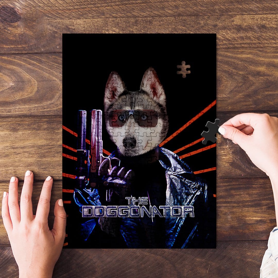 Personalized "Doggonator" pet puzzle featuring a husky in sunglasses and a leather jacket.