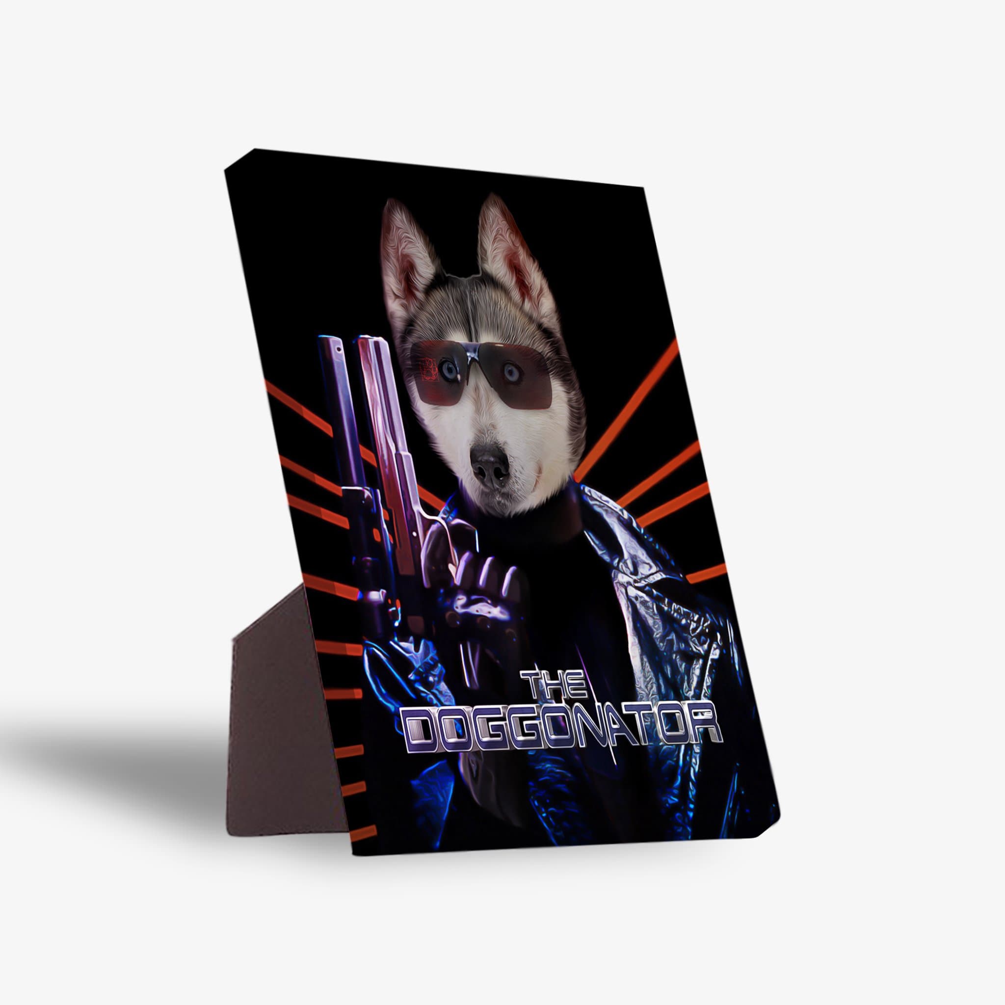 Personalized "The Doggonator" standing canvas featuring a husky in sunglasses and a leather jacket holding a gun.