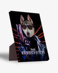 Personalized "The Doggonator" standing canvas featuring a husky in sunglasses and a leather jacket holding a gun.