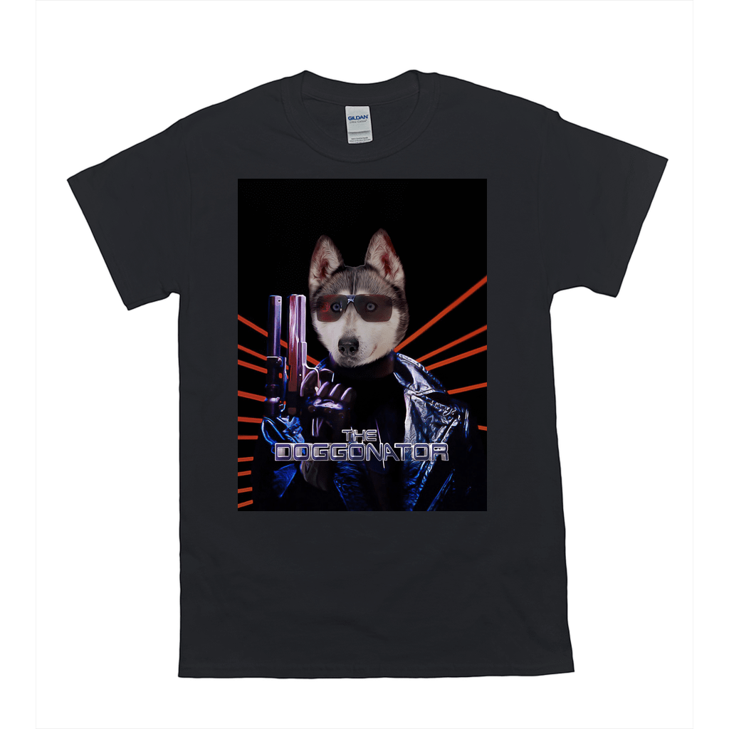 Black Gildan t-shirt with a personalized "The Doggonator" design featuring a husky in sunglasses holding a gun.