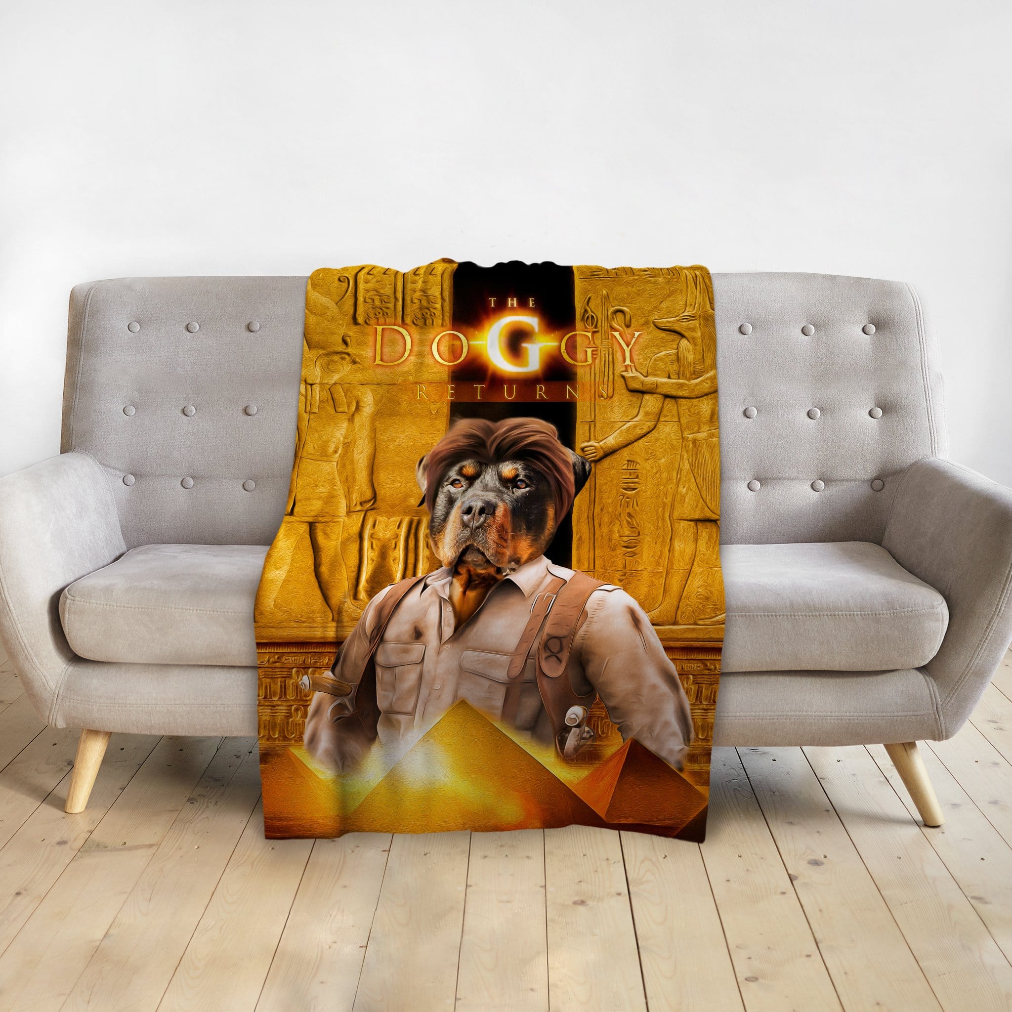 Personalized pet blanket with a Rottweiler in an Indiana Jones-style portrait against a golden Egyptian backdrop.
