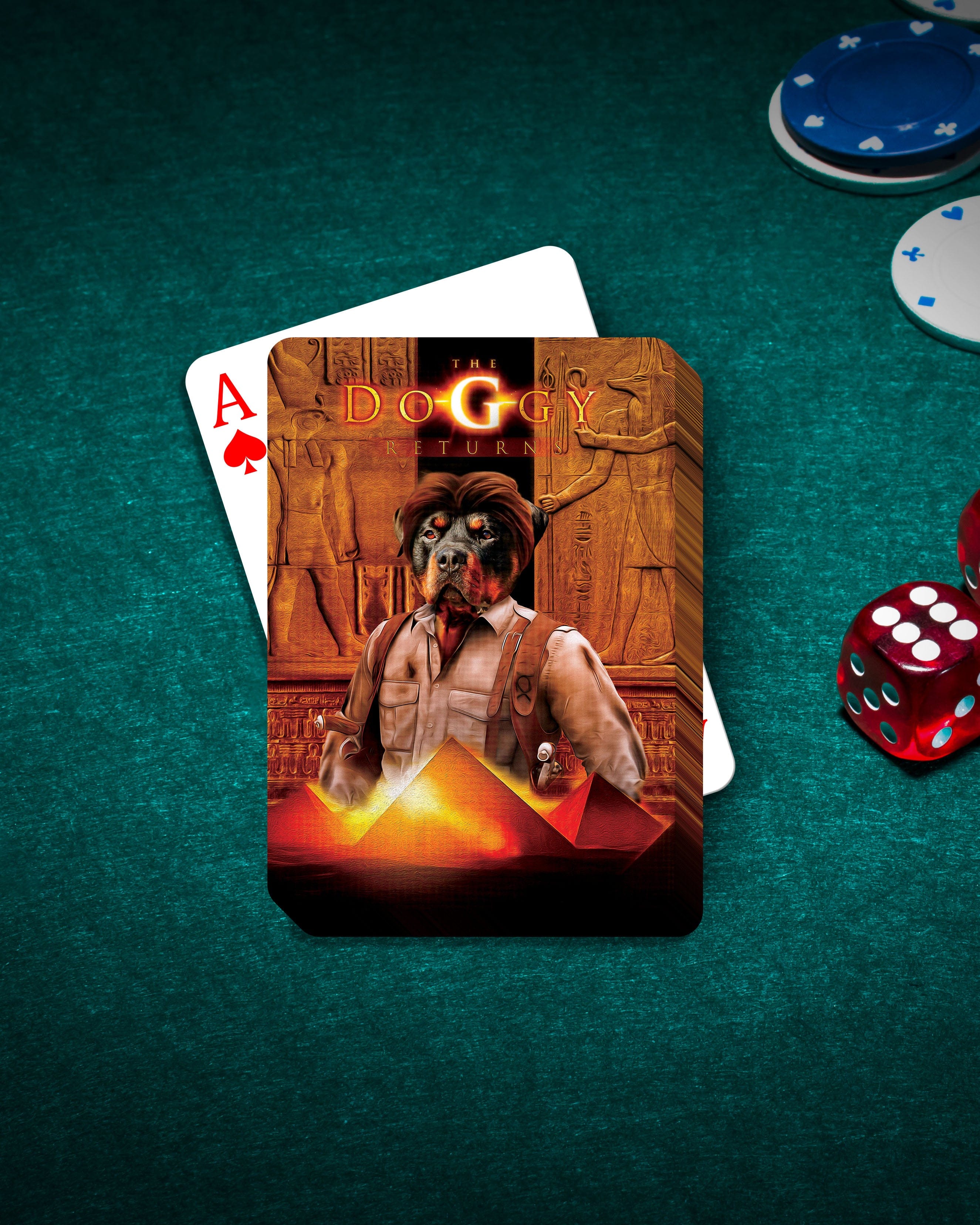 Personalized playing cards featuring a custom dog portrait in "The Doggy Returns" movie poster style on a green felt table.