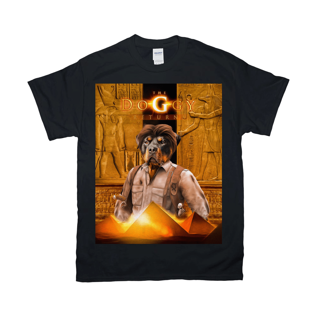 Black Gildan t-shirt with "The Doggy Returns" design featuring a Rottweiler in an adventurer outfit.