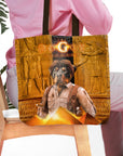Personalized 'The Doggy Returns' tote bag featuring a custom pet portrait in an adventure movie poster style.