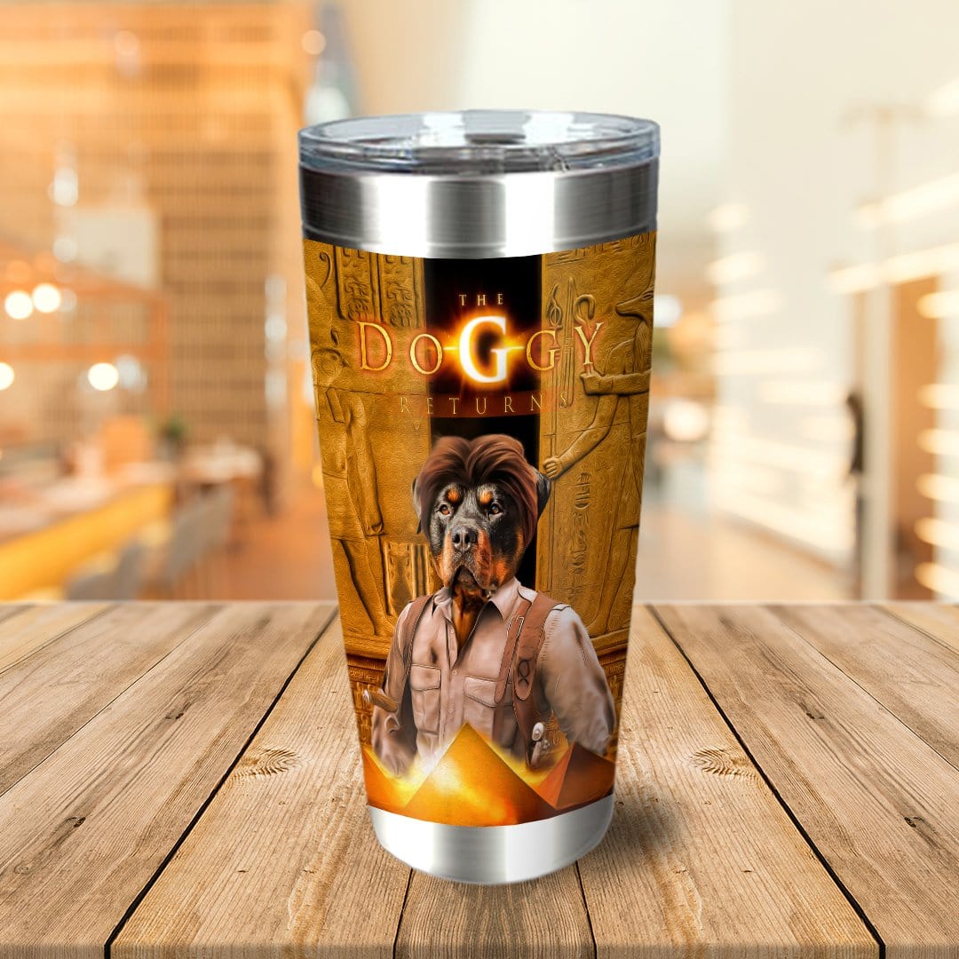 Personalized stainless steel tumbler with a Rottweiler pet portrait in an Egyptian-themed "The Doggy Returns" style.
