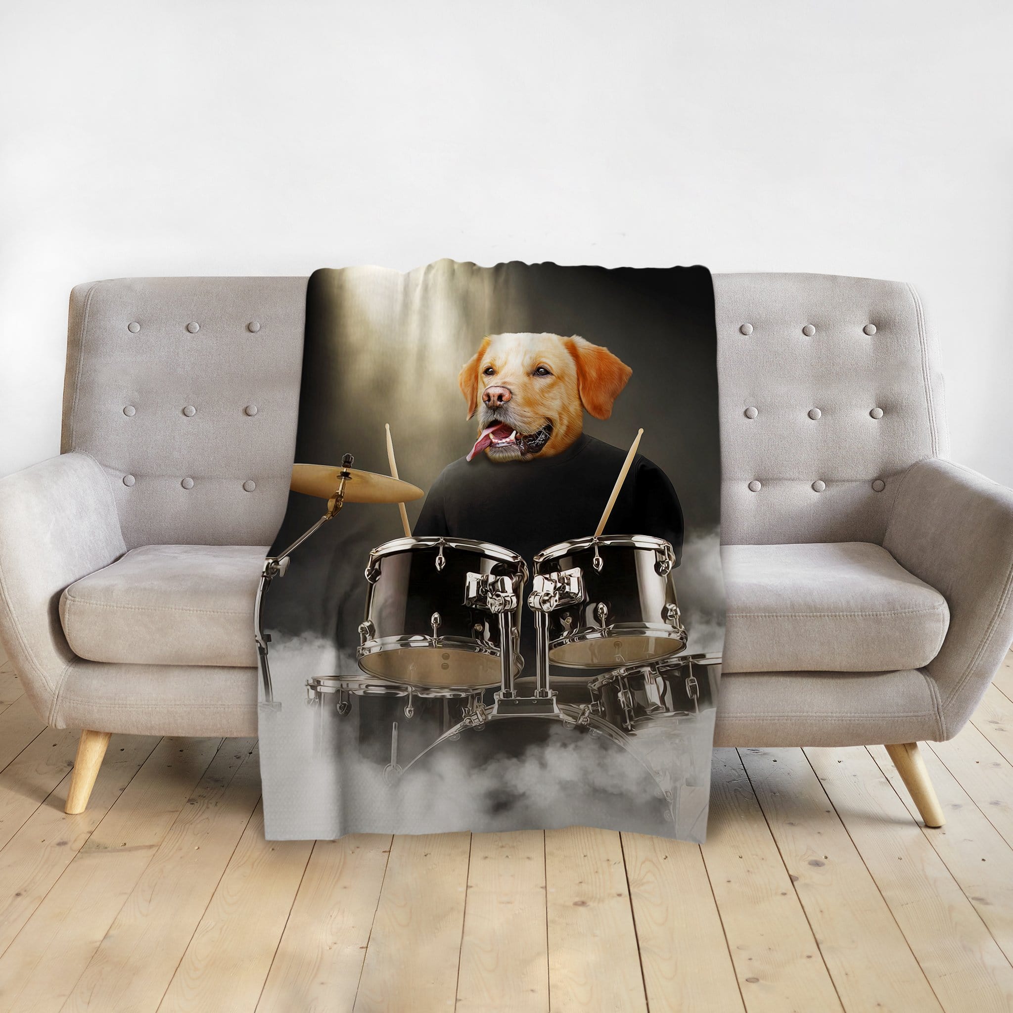 Personalized pet blanket featuring a golden retriever dog portrait as a drummer in a dark, smoky setting.