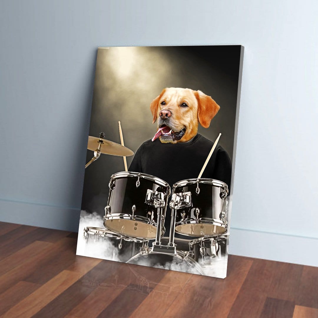 Personalized pet canvas featuring a yellow Labrador dog as a drummer in a black shirt.