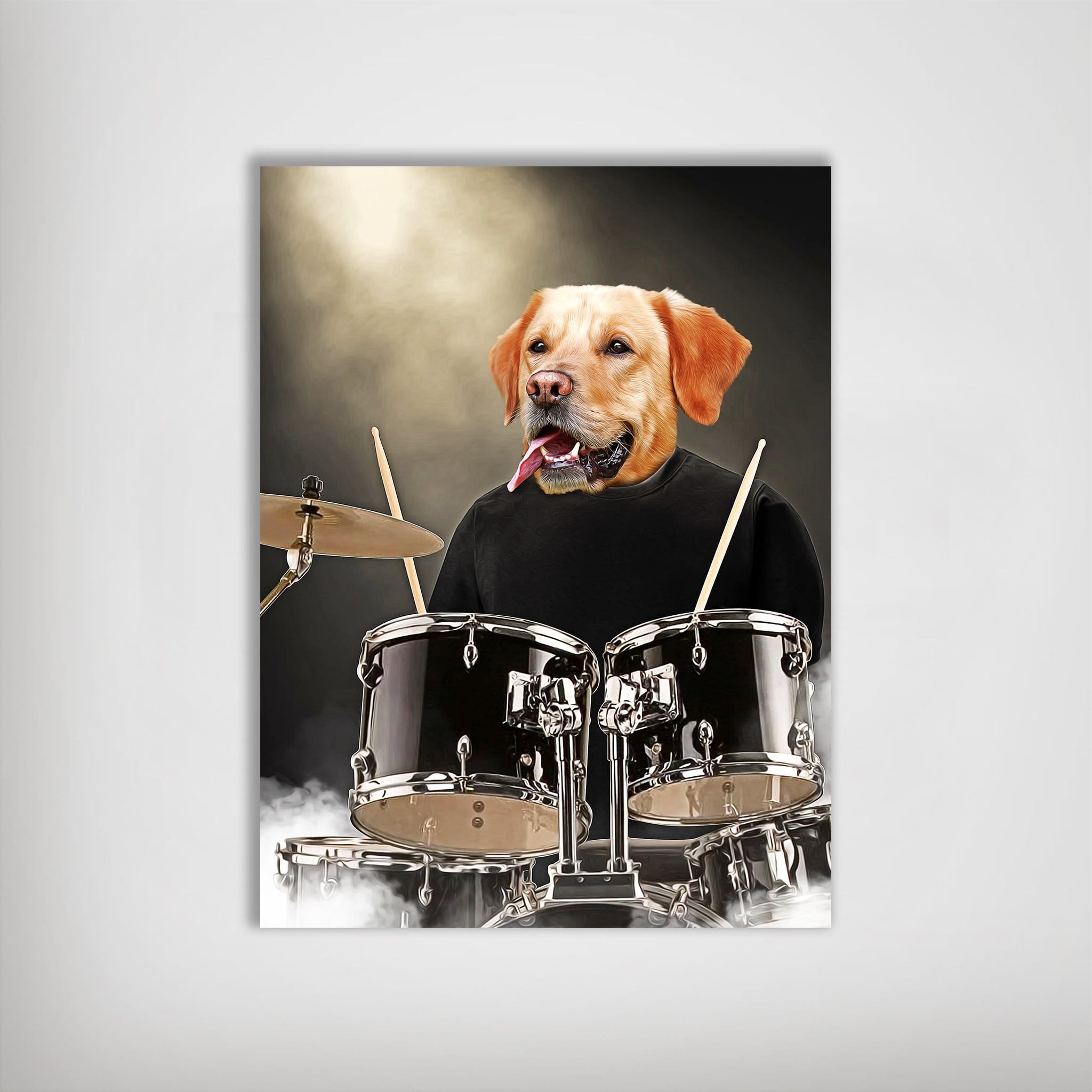 Custom pet poster featuring a golden retriever's head on a drummer's body in a black shirt, playing a black drum kit.