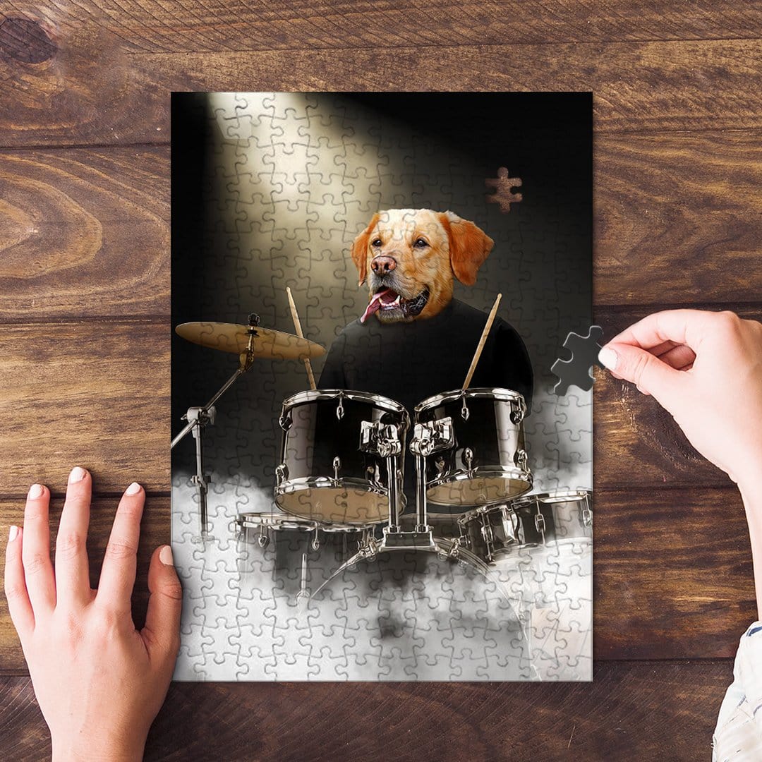 Personalized pet puzzle featuring a golden retriever dog as a drummer, with a hand placing a piece.
