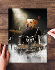 Personalized pet puzzle featuring a golden retriever dog as a drummer, with a hand placing a piece.