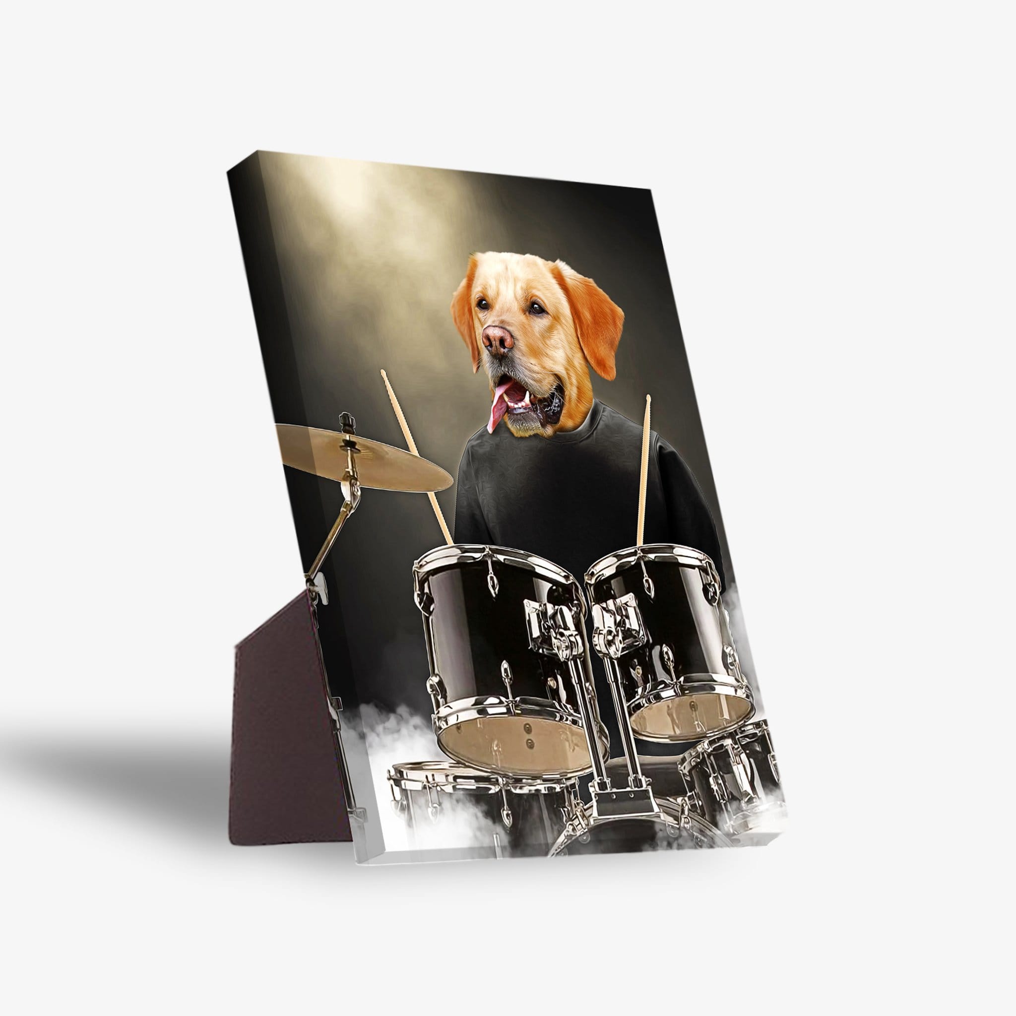 Personalized pet standing canvas featuring a golden retriever dog as a drummer in a black shirt, with a sturdy stand.