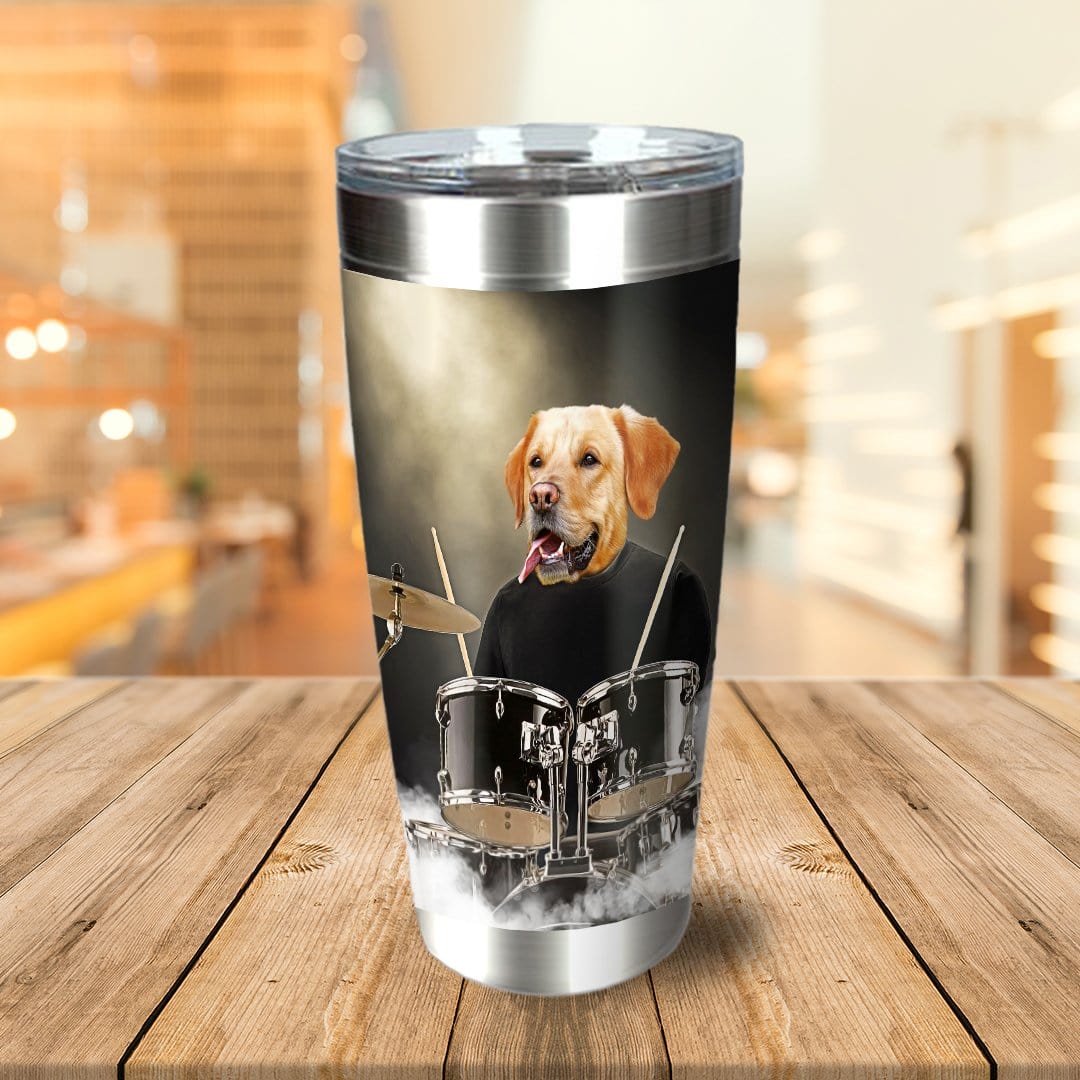 Personalized stainless steel tumbler with a custom cartoon portrait of a yellow lab dog playing drums.