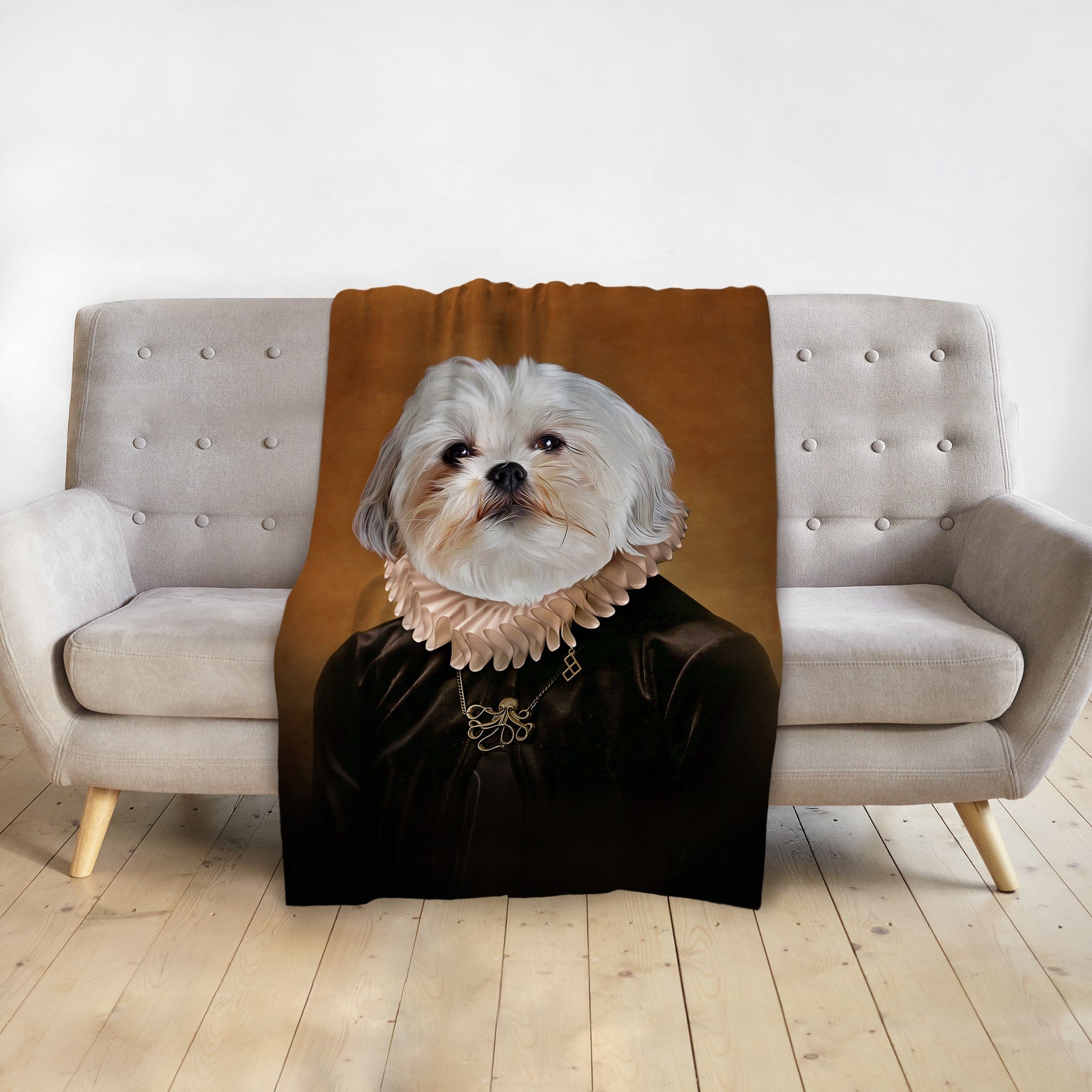 Personalized pet blanket with a Shih Tzu dog in a renaissance royal portrait style.