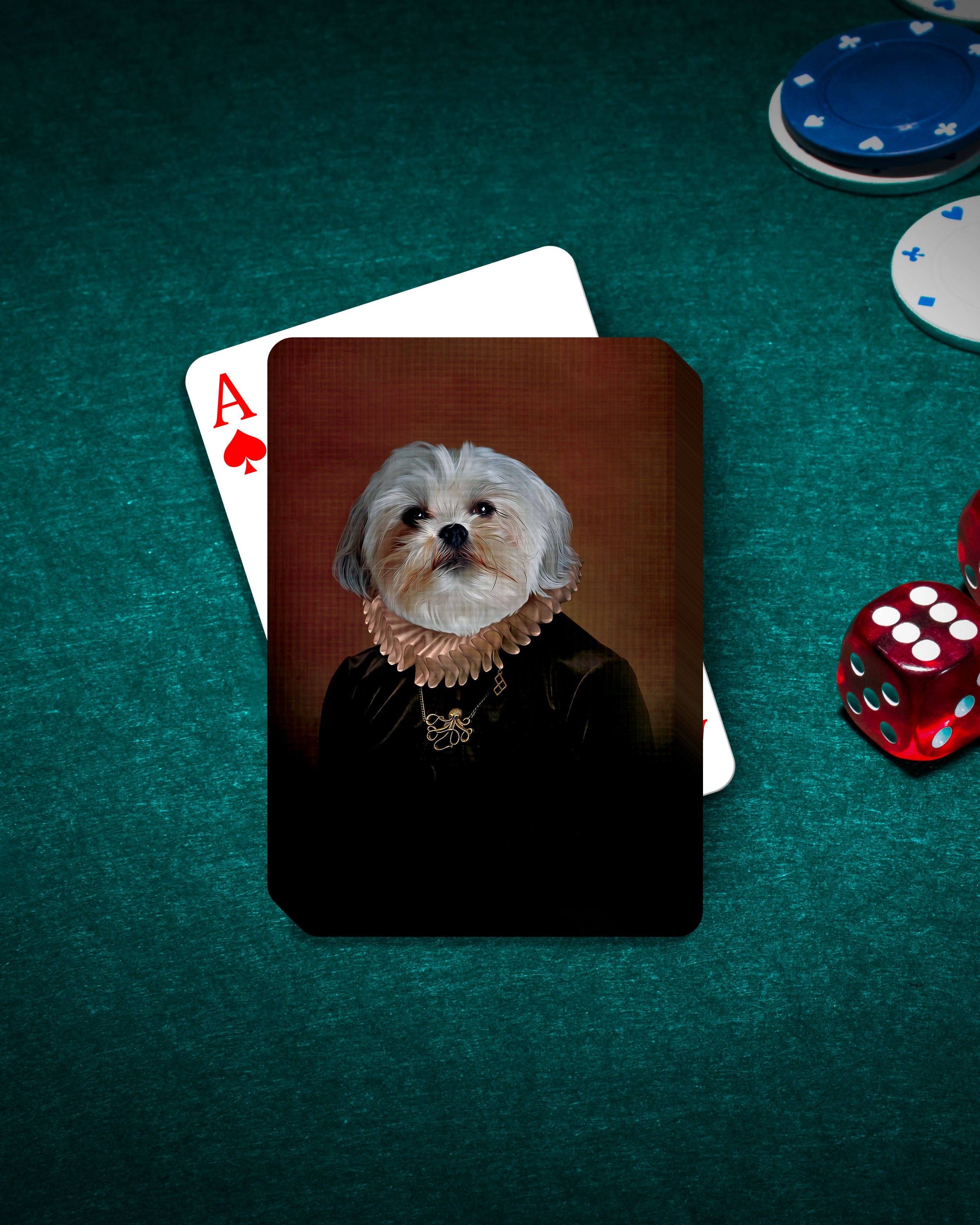 Custom Duchess personalized playing card featuring a Shih Tzu pet portrait on a green felt table with poker chips and dice.