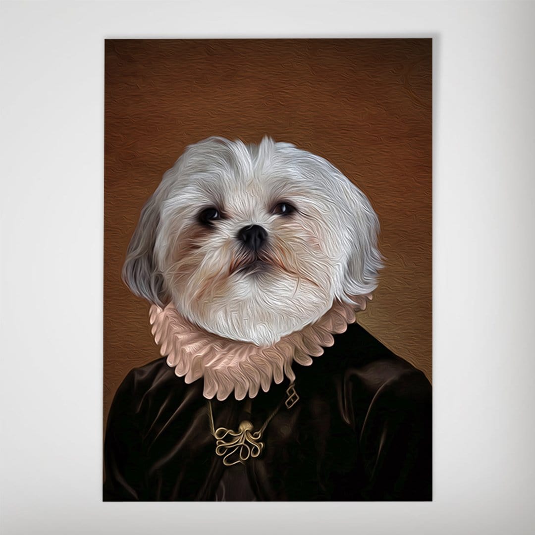 Personalized "The Duchess" pet poster featuring a Shih Tzu in a dark brown velvet dress with a ruffled pink collar.