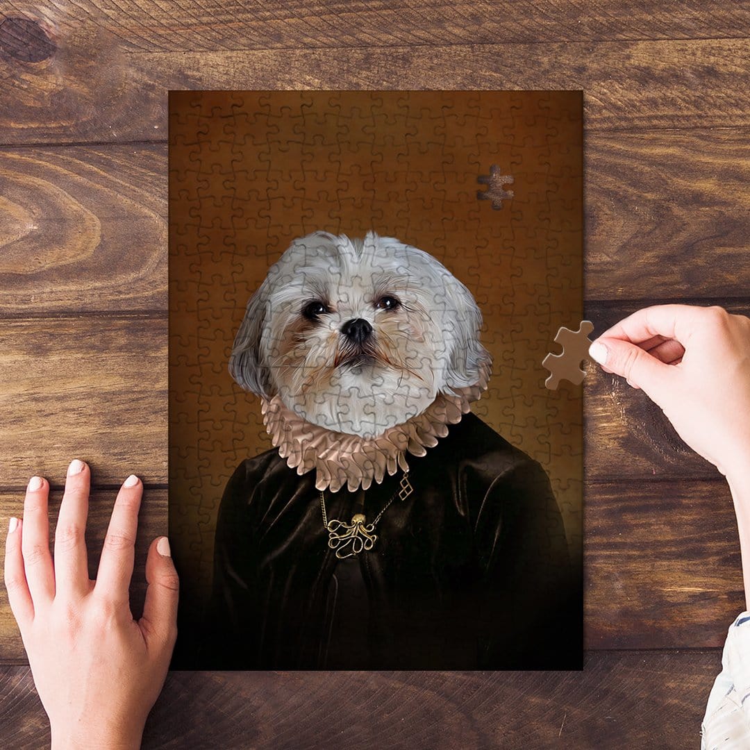 Personalized 'Duchess' pet puzzle featuring a Shih Tzu in a renaissance royal portrait style.