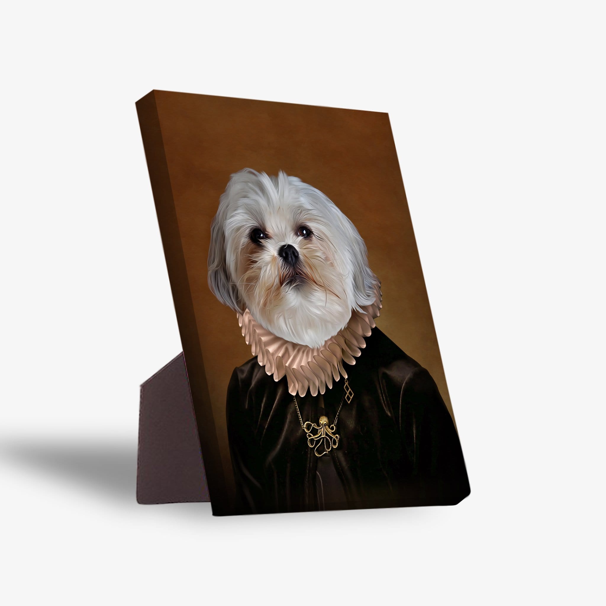 Personalized pet standing canvas featuring a Shih Tzu in a Duchess portrait, with a sturdy back stand.