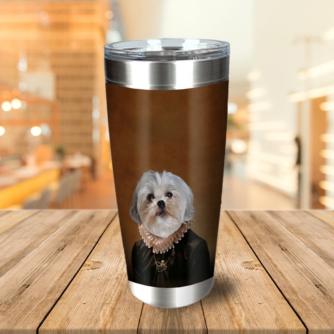 Personalized stainless steel tumbler with a royal renaissance portrait of a Shih Tzu dog.