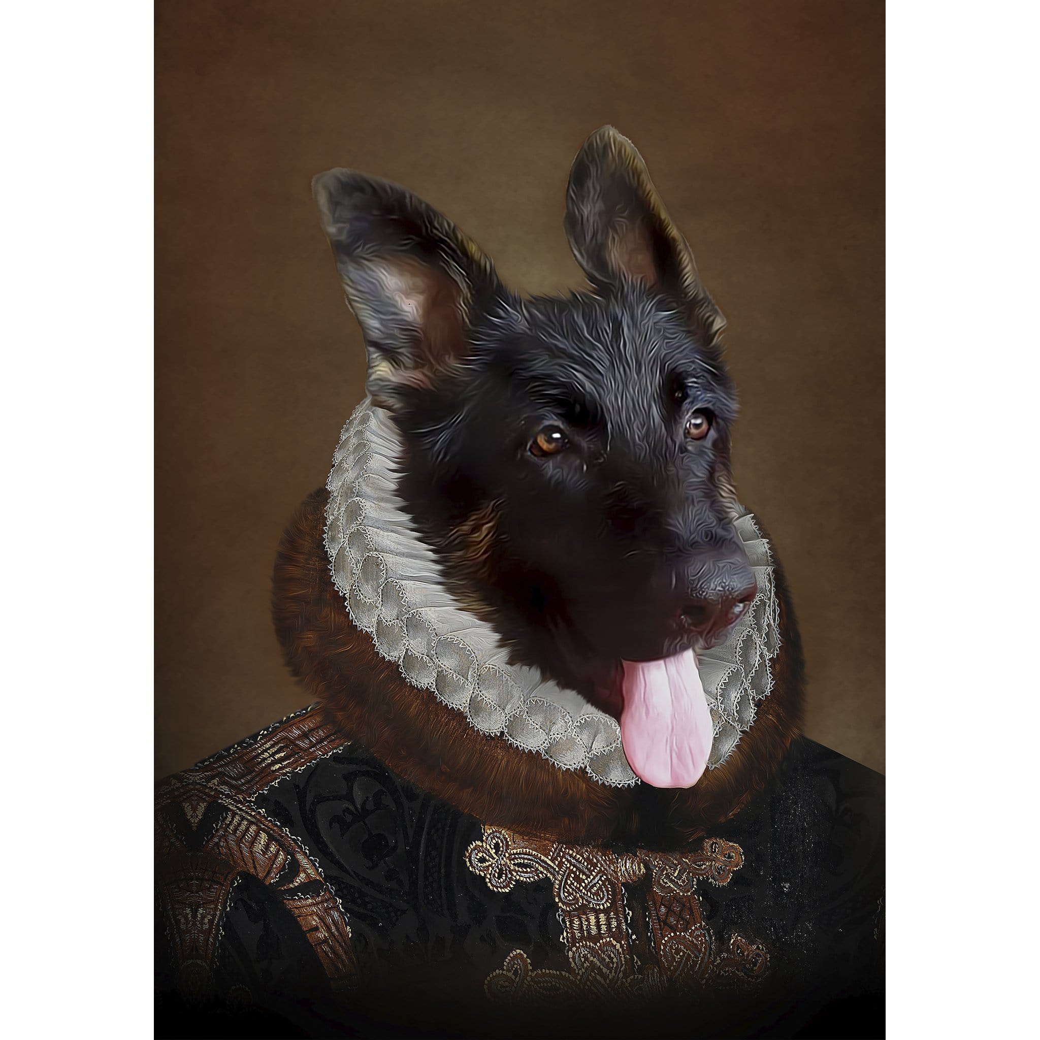 Custom digital portrait of a German Shepherd dog in a Renaissance-style royal costume with a ruffled collar.