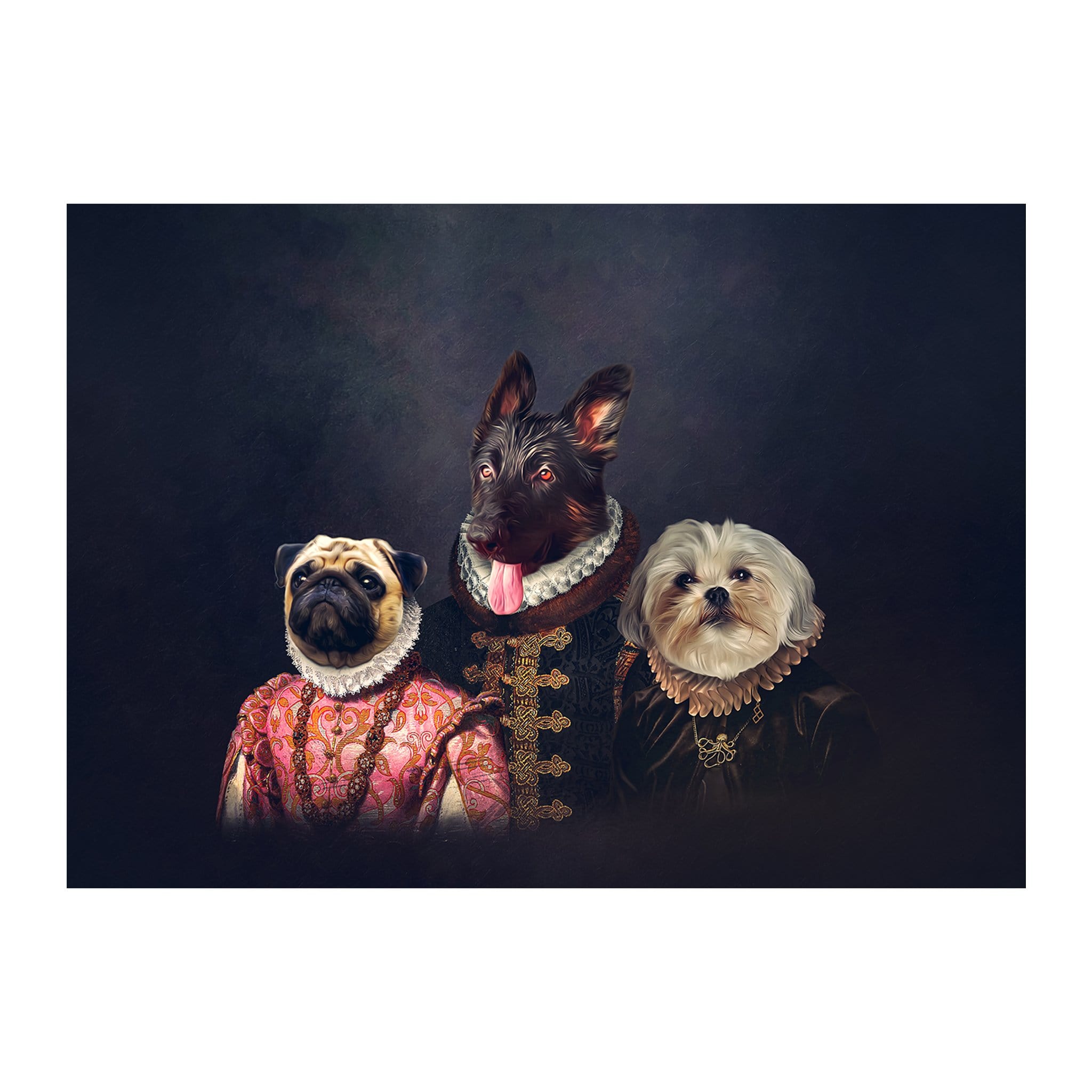 Custom digital portrait of three pets in Renaissance royal attire: a pug, a dark-furred dog, and a Shih Tzu.