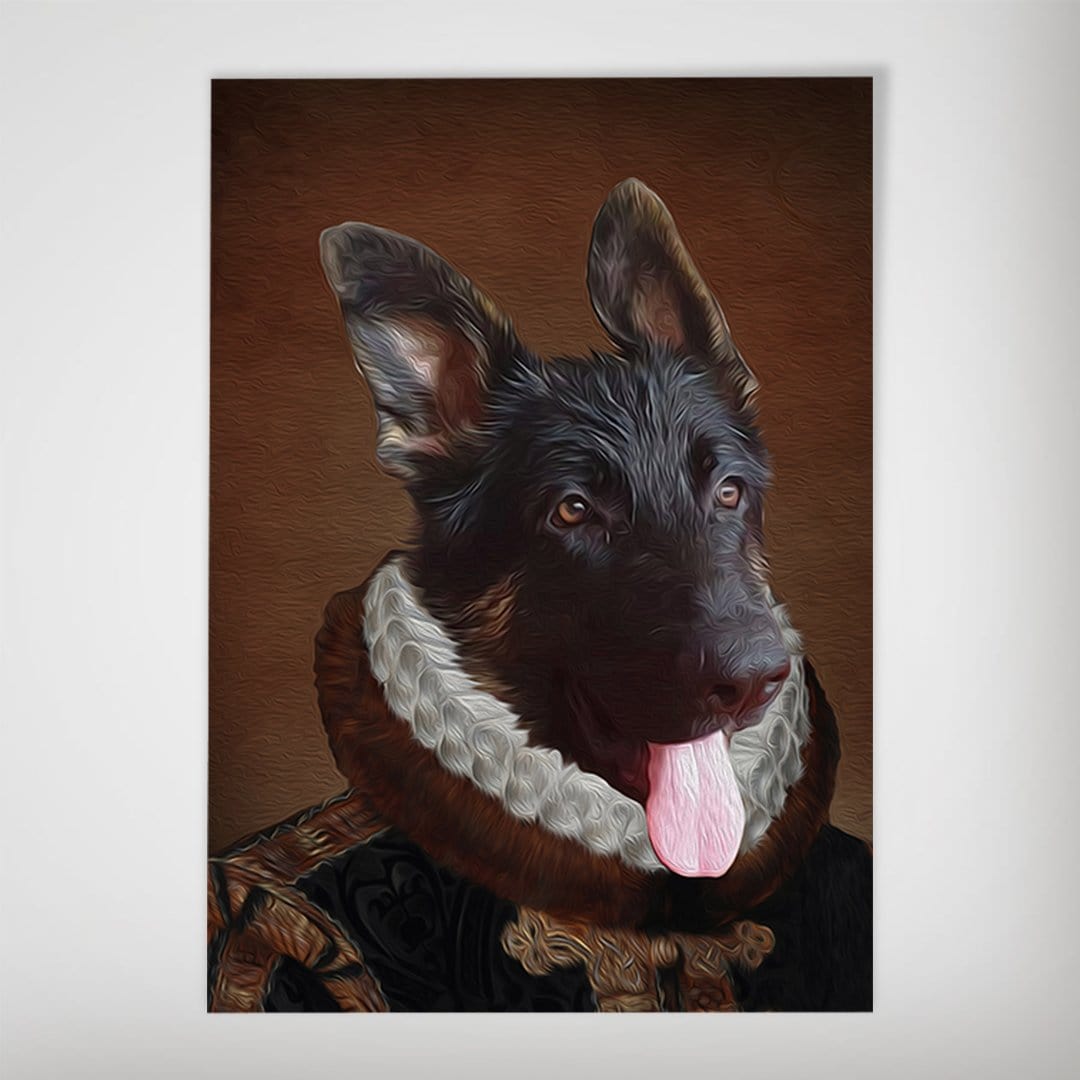 Personalized "The Duke" pet portrait poster featuring a German Shepherd in a Renaissance-style costume.
