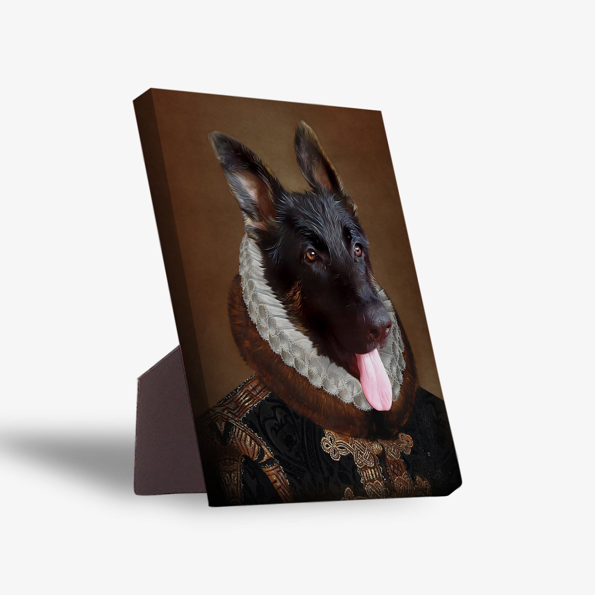 Personalized pet standing canvas featuring a German Shepherd in a regal 'Duke' costume with a ruffled collar.