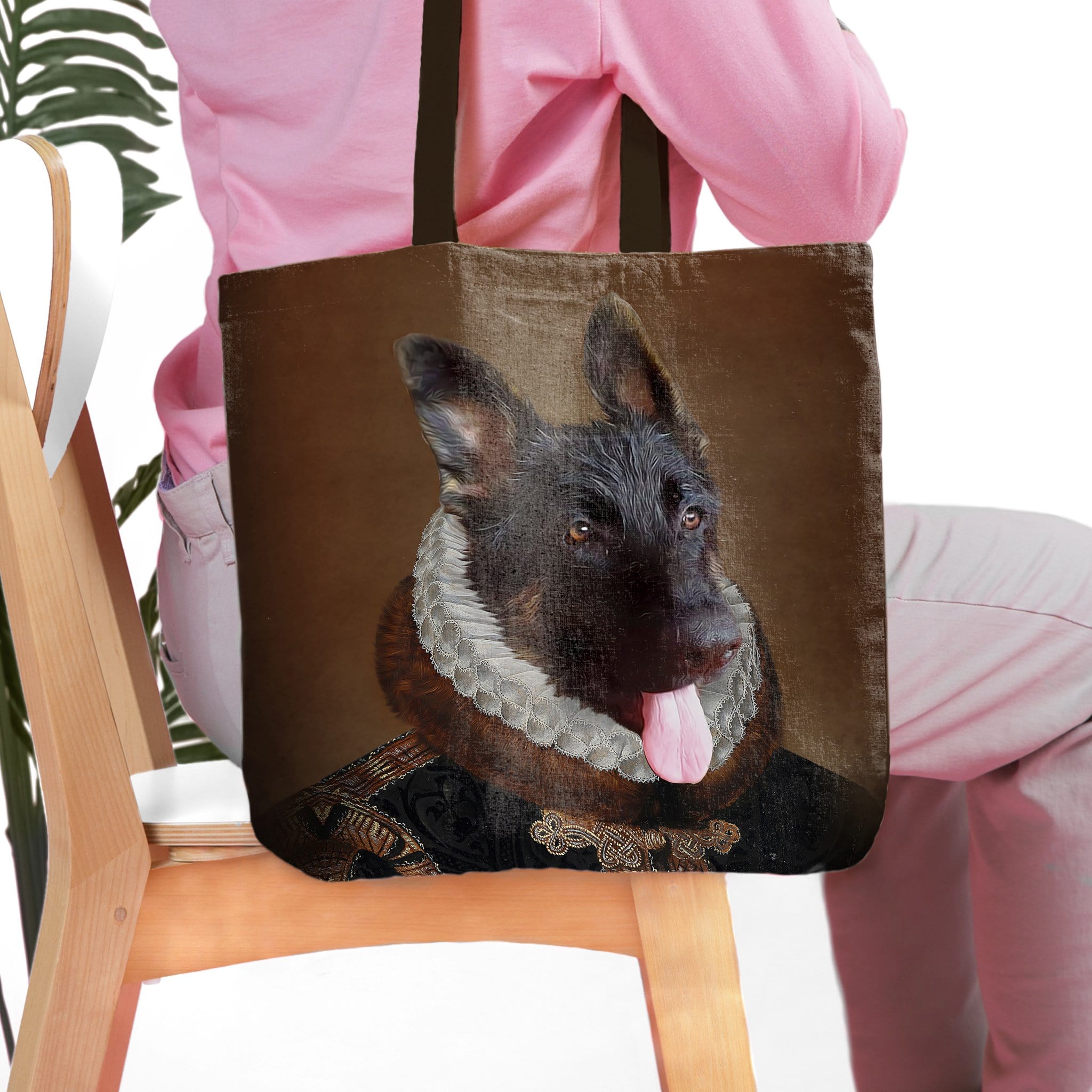 Personalized 'The Duke' tote bag with a custom royal renaissance portrait of a black dog.