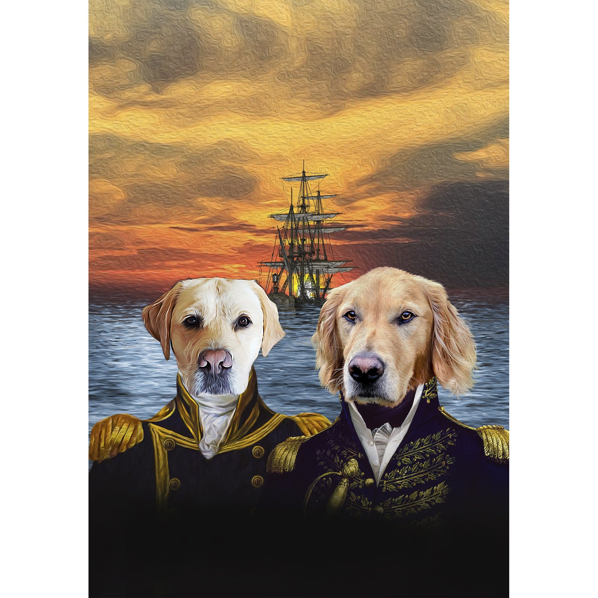 Custom digital portrait of two dogs in naval explorer uniforms with a ship at sunset.