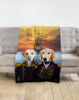 Personalized pet blanket with two dogs in renaissance naval portraits against a sunset ship background.