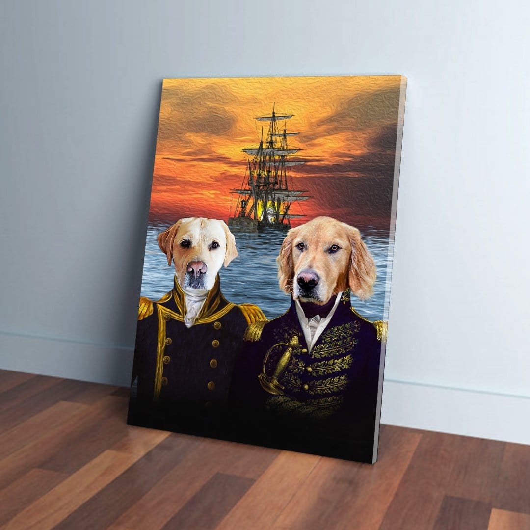 Two dogs in navy admiral uniforms on a custom canvas, with a ship at sunset on the ocean.