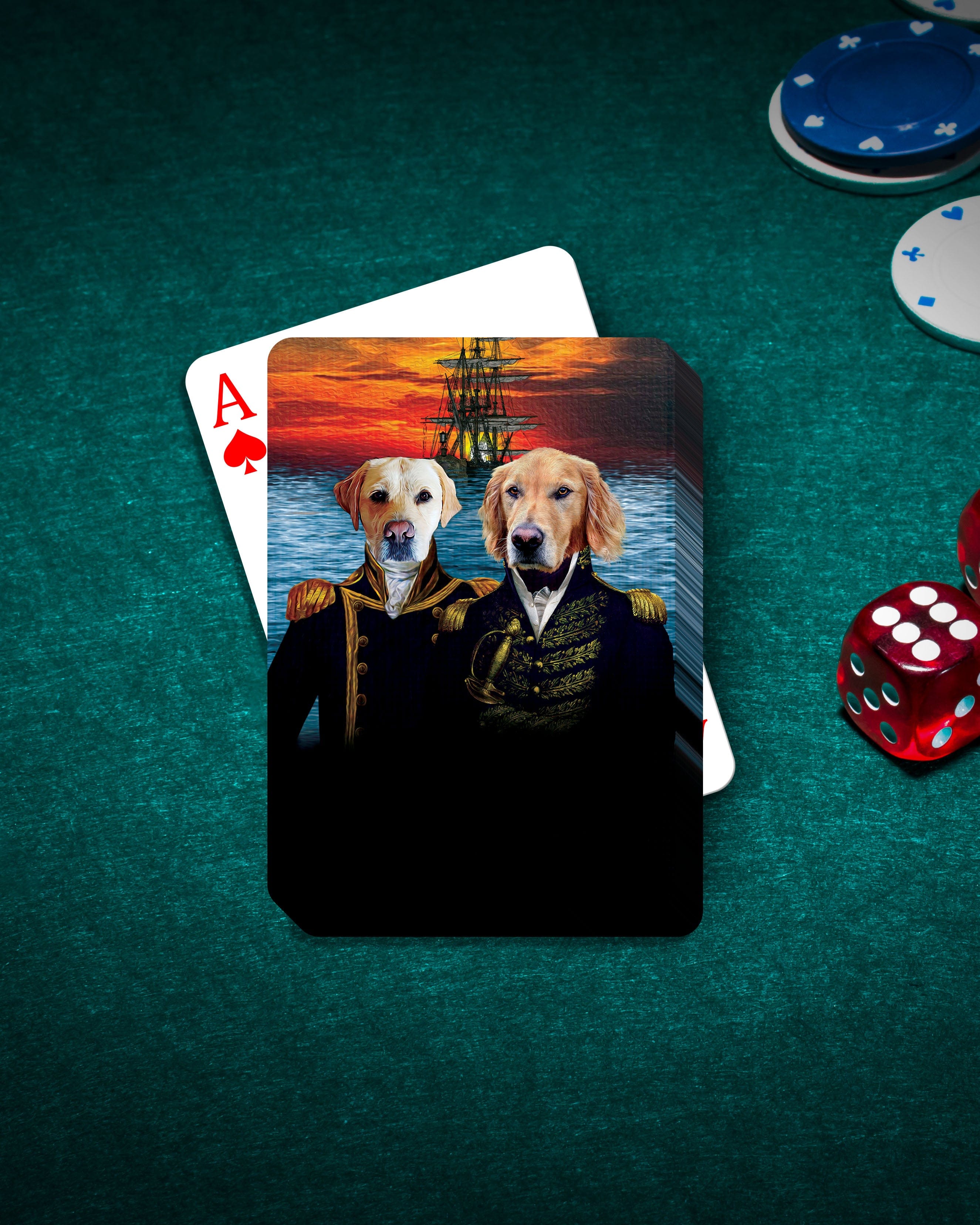 Custom personalized playing cards featuring two dogs in renaissance naval officer portraits, on a green felt table with poker chips and dice.