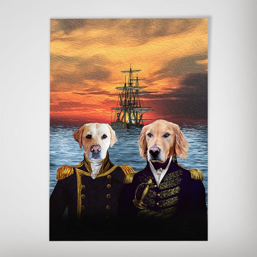 Personalized "The Explorers" poster featuring two dogs in naval uniforms with a ship at sunset.