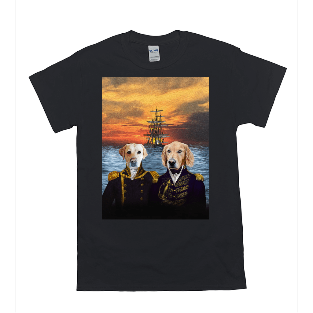 Black Gildan t-shirt with two pets in naval uniforms against a sunset ship background.