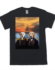 Black Gildan t-shirt with two pets in naval uniforms against a sunset ship background.