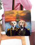 Personalized 2 pet tote bag with custom dog portraits in renaissance naval uniforms against a sunset ship scene.