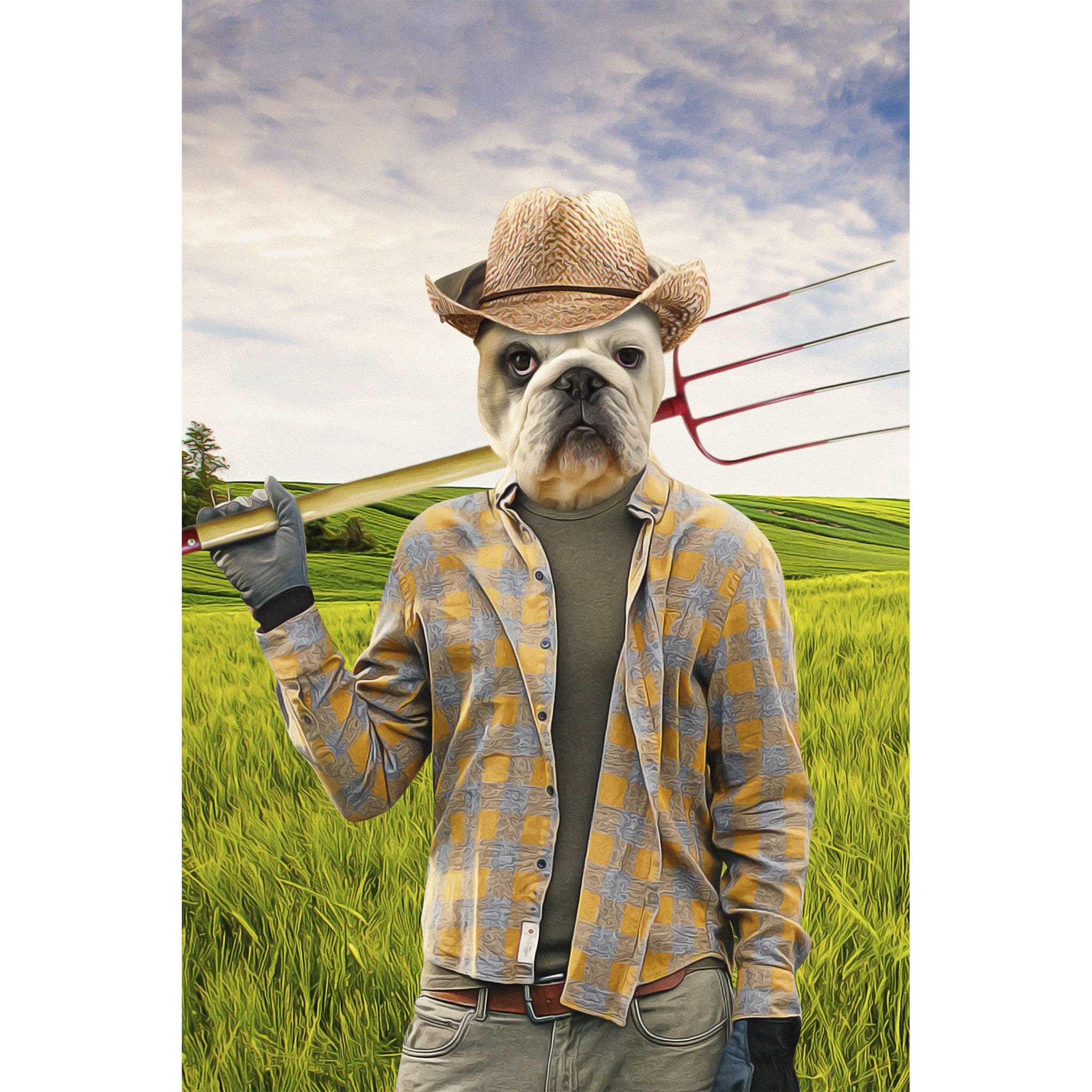 Custom digital portrait of a bulldog's head on a farmer's body with a straw hat and pitchfork.