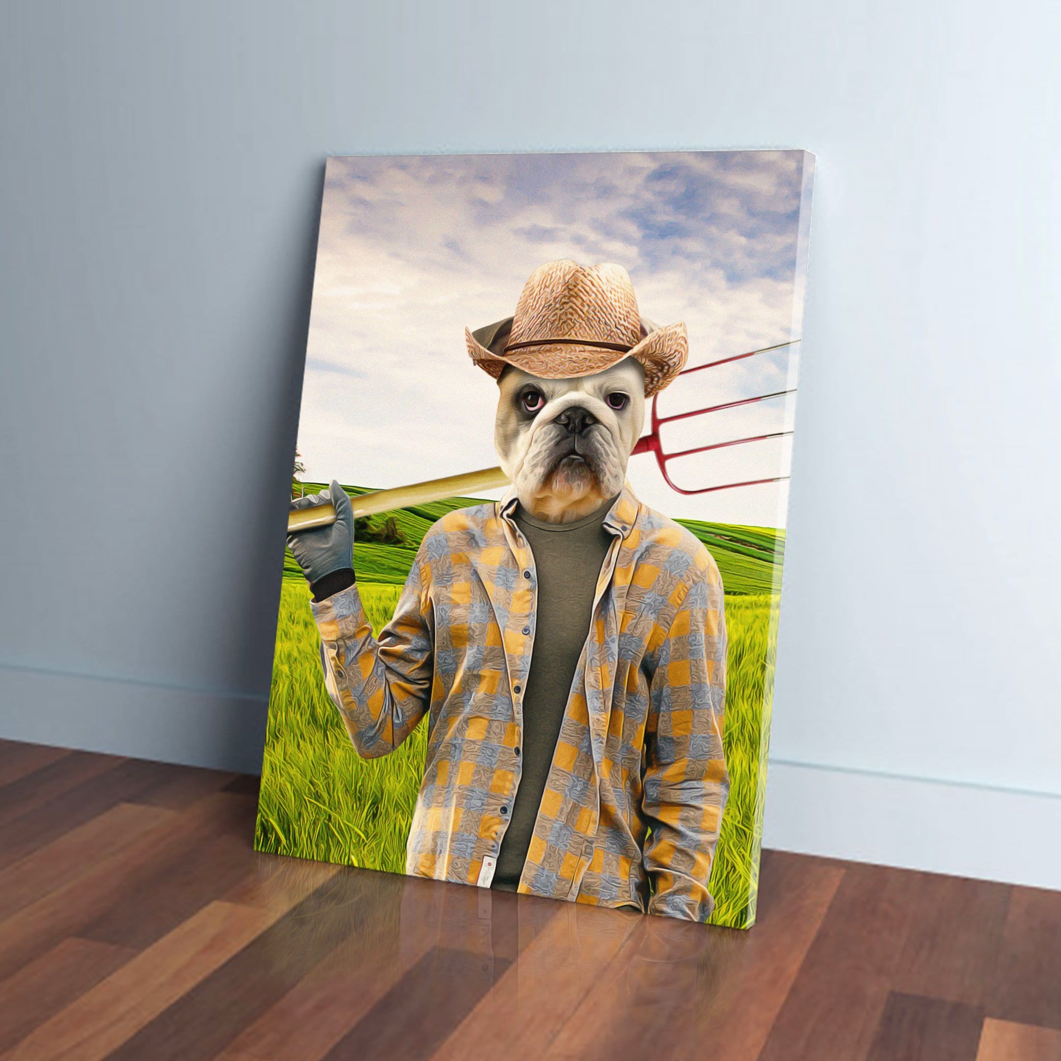 Personalized pet canvas featuring a French Bulldog in a straw hat and plaid shirt, holding a pitchfork.