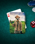 Personalized playing cards featuring a custom bulldog pet portrait as a farmer in a field.