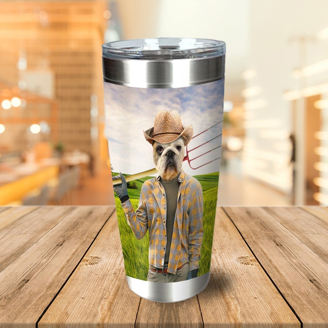 Personalized stainless steel tumbler with a custom bulldog pet portrait as a farmer in a field.