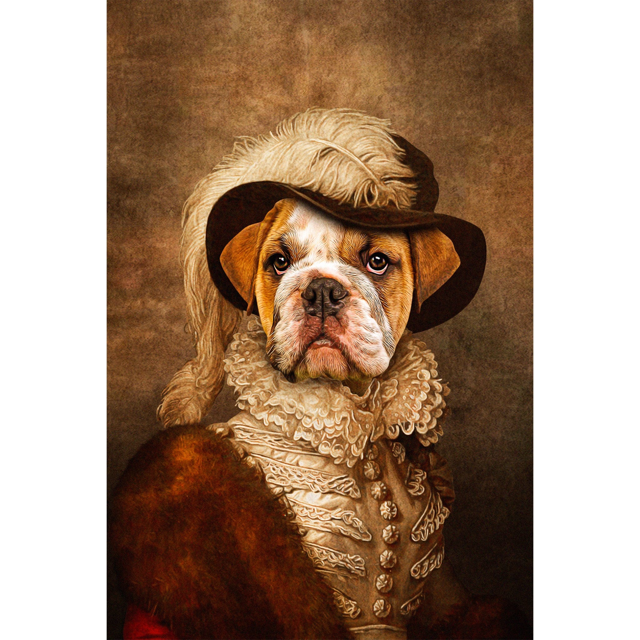 Personalized digital portrait of a bulldog in a renaissance feathered hat and ruffled collar.