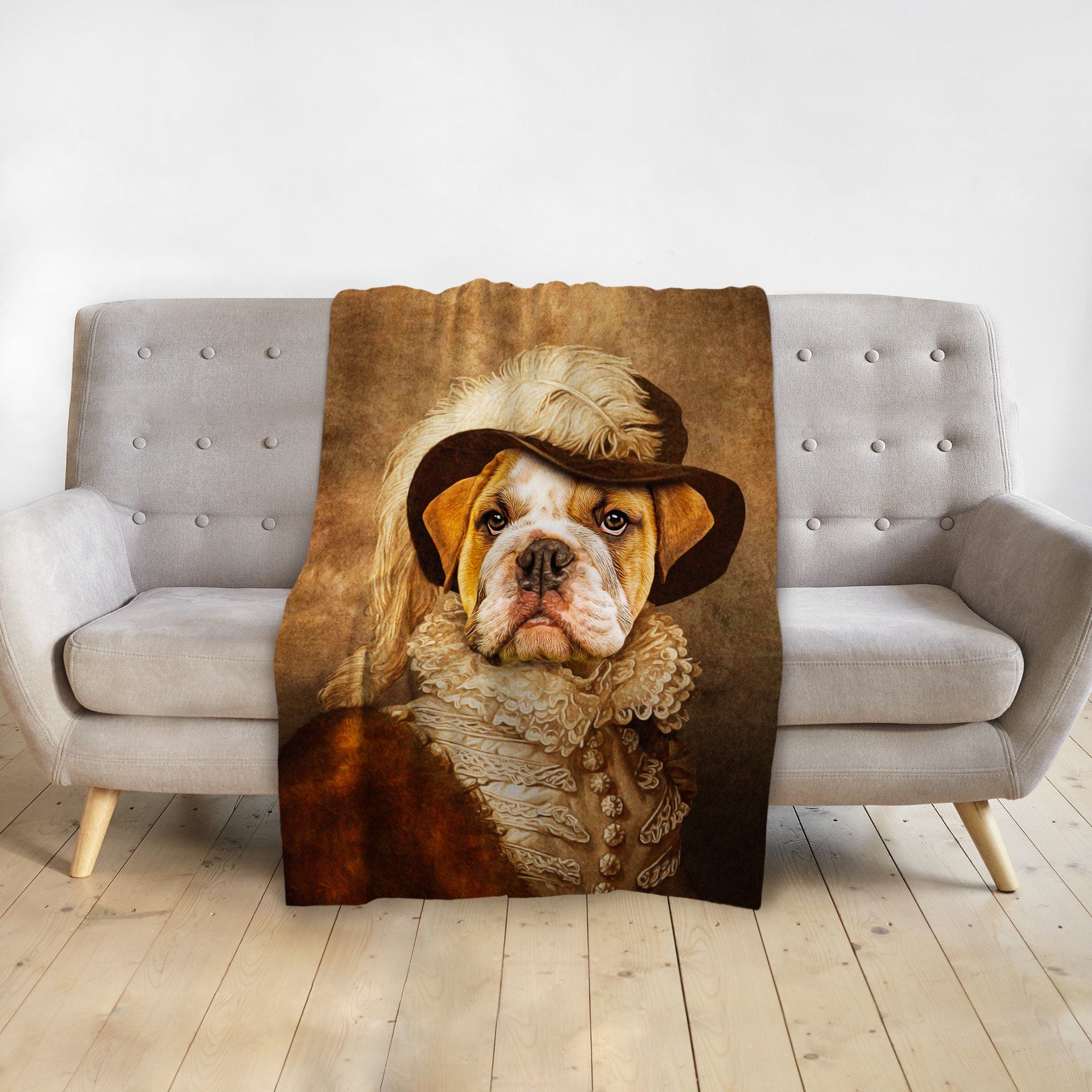 Personalized minky pet blanket with a renaissance-style portrait of a bulldog in a feathered hat.